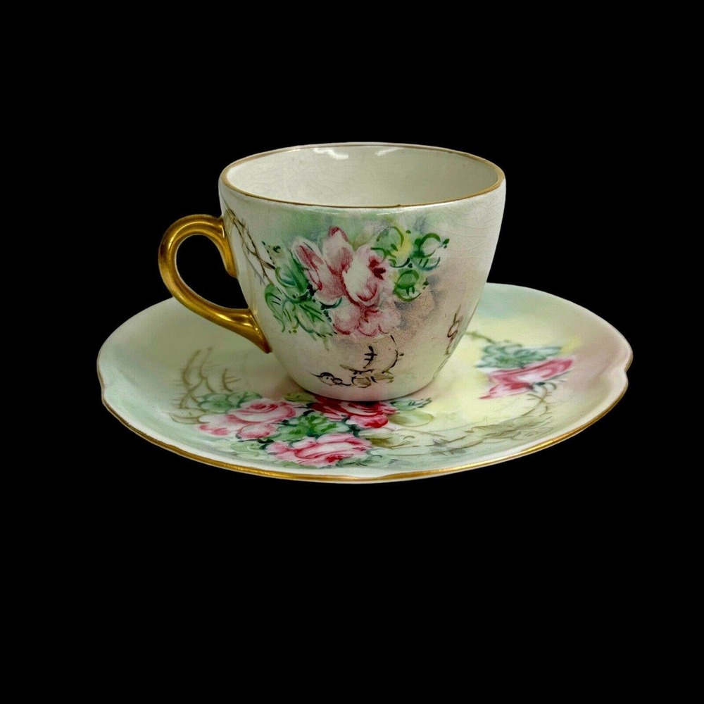 Antique Royal Munich Bavarian Hand painted Roses Demitasse Tea Cup Saucer